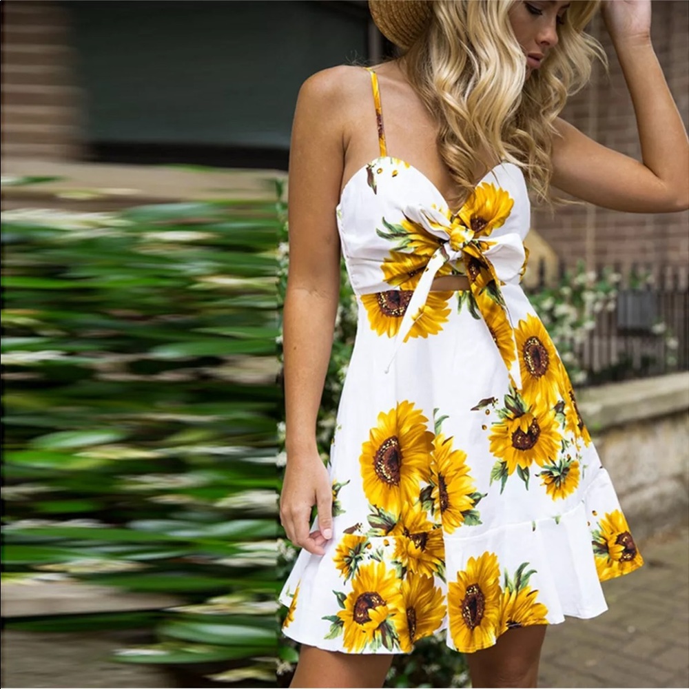 Sunflowers Floral Print Knot Front Cami Dress